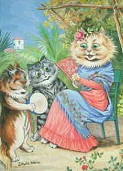 Mutterkatze mit Fächer und zwei Kätzchen